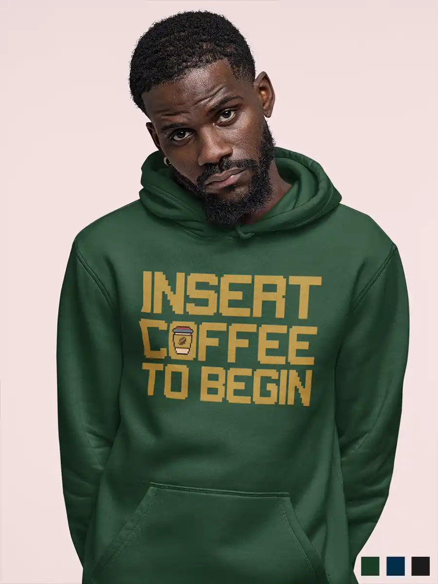 Man wearing Insert Coffee to Begin -  Olive Green Cotton hoodie 