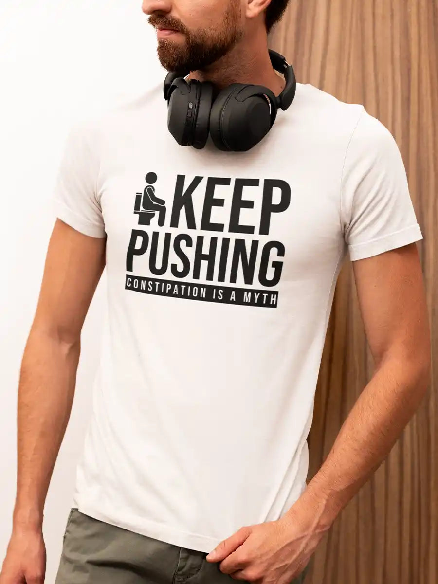 Man wearing Keep Pushing - Men's White Cotton T-Shirt