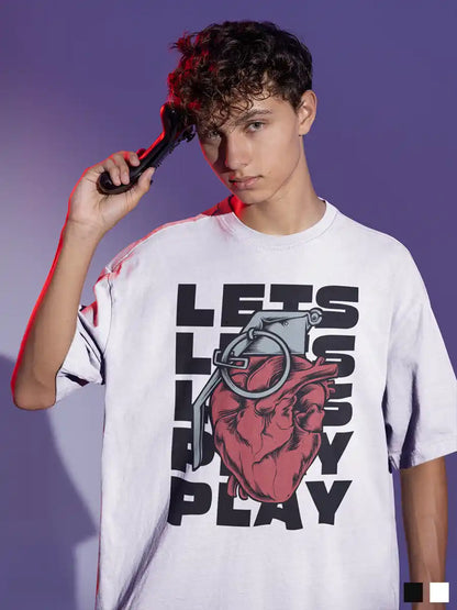 Man wearing Lets play - White Oversized Cotton T-Shirt