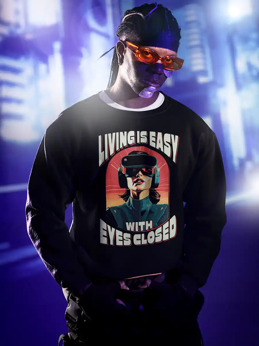 Man wearing Living is EASY with eyes Closed - Black Cotton Sweatshirt