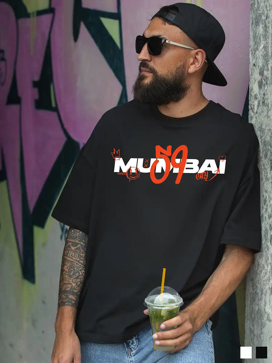 Man wearing Mumbai 59 - Graffiti - Black Oversized T-Shirt