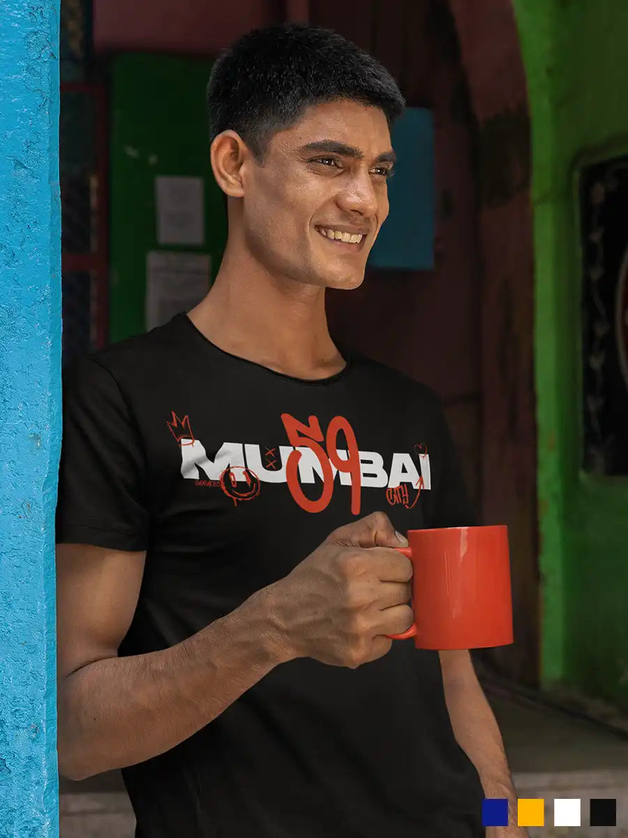 Man wearing Mumbai 59 - Graffiti - Men's Black Cotton T-Shirt