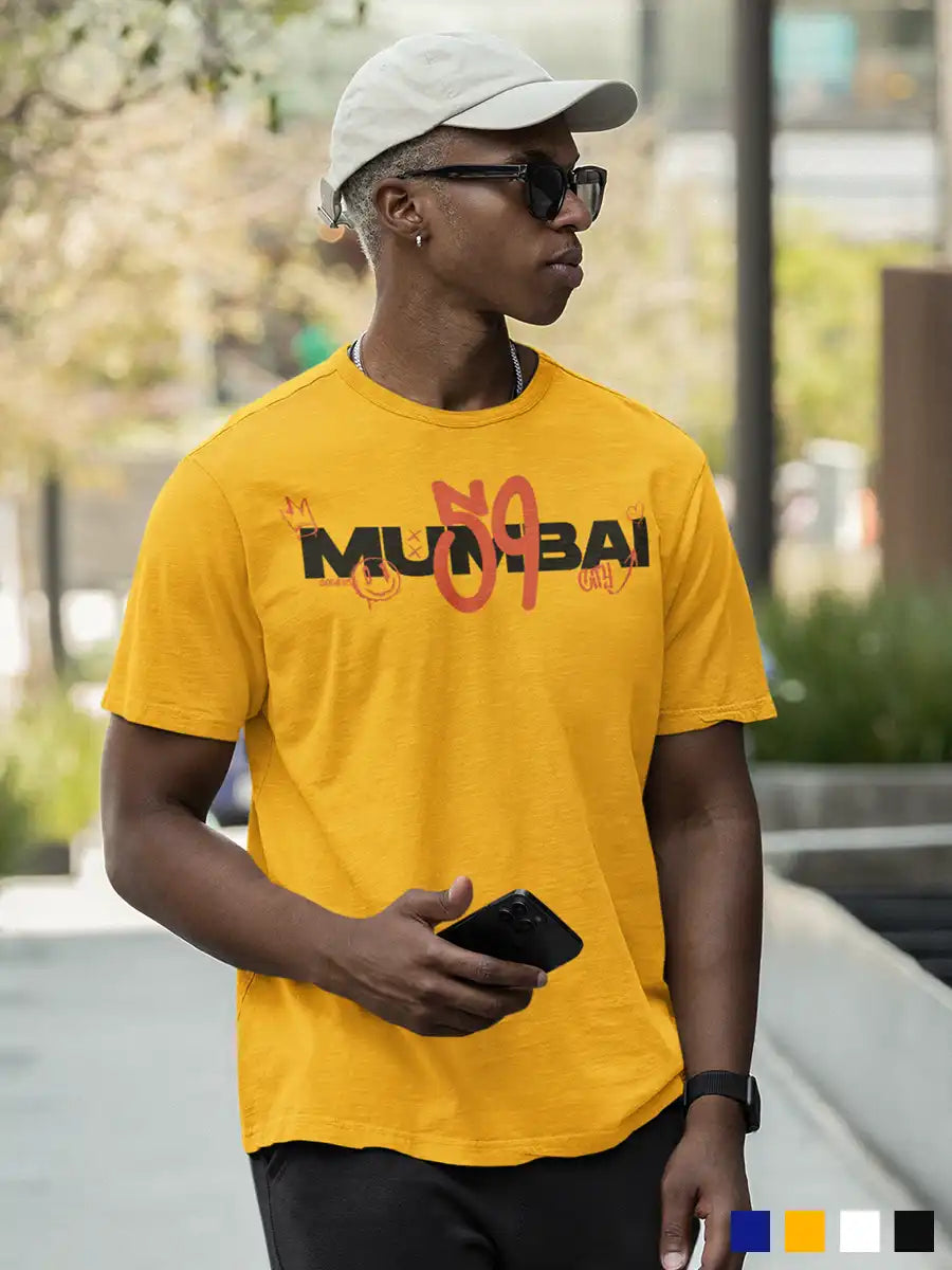 Man wearing Mumbai 59 - Graffiti - Men's Golden Yellow Cotton T-Shirt