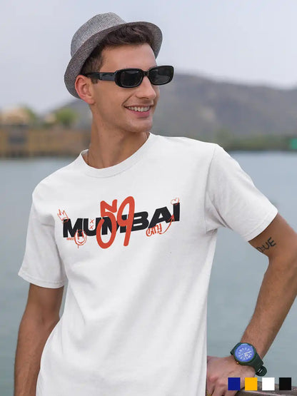 Man wearing Mumbai 59 - Graffiti - Men's White Cotton T-Shirt