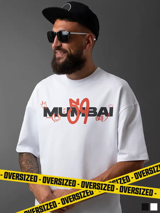 Man wearing Mumbai 59 - Graffiti - White Oversized T-Shirt
