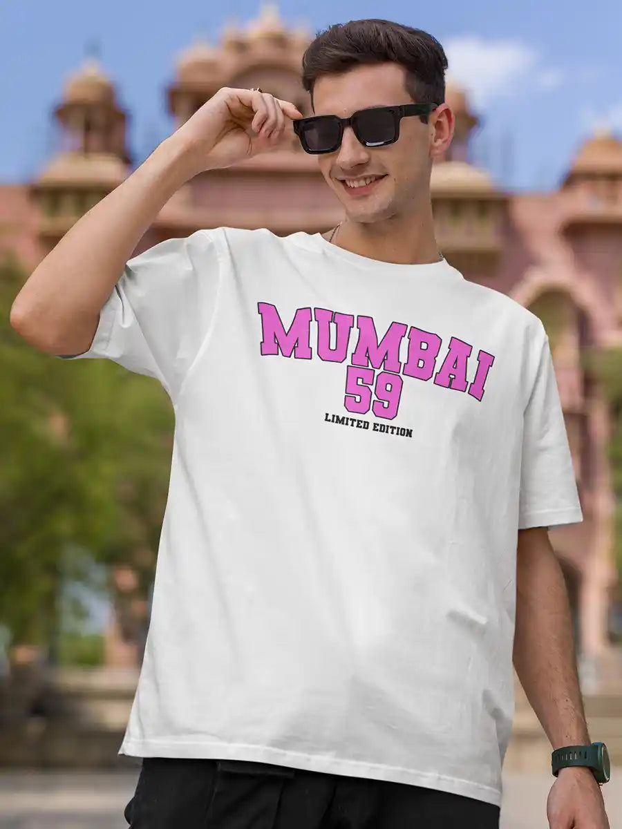 Man wearing Mumbai 59 - Limited Edition - White Oversized Cotton T-Shirt 