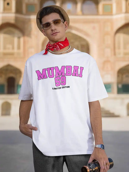 Man wearing Mumbai 59 - Limited Edition - White Oversized Cotton T-Shirt 