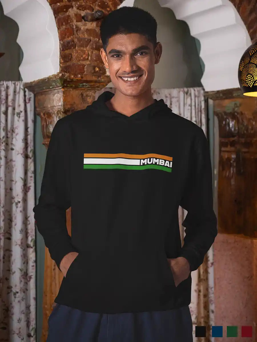 Man wearing Mumbai Indian Stripes - Black Cotton Hoodie