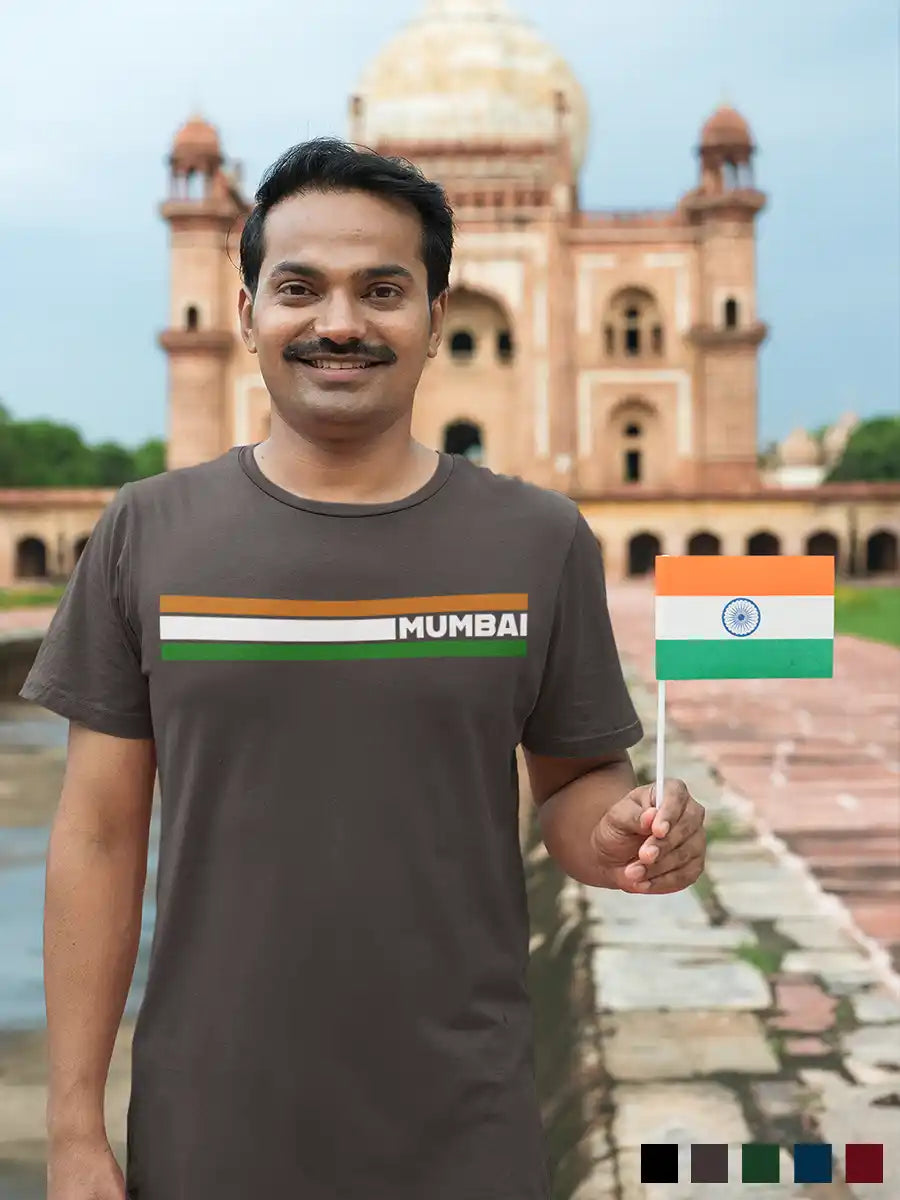 Man wearing Mumbai Indian Stripes - Men's Charcoal Grey Cotton T-Shirt