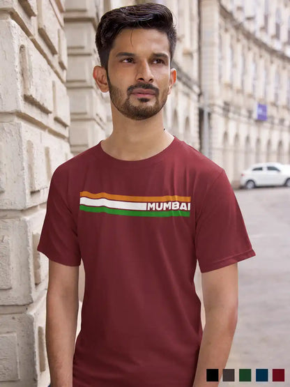 Man wearing Mumbai Indian Stripes - Men's Maroon Cotton T-Shirt