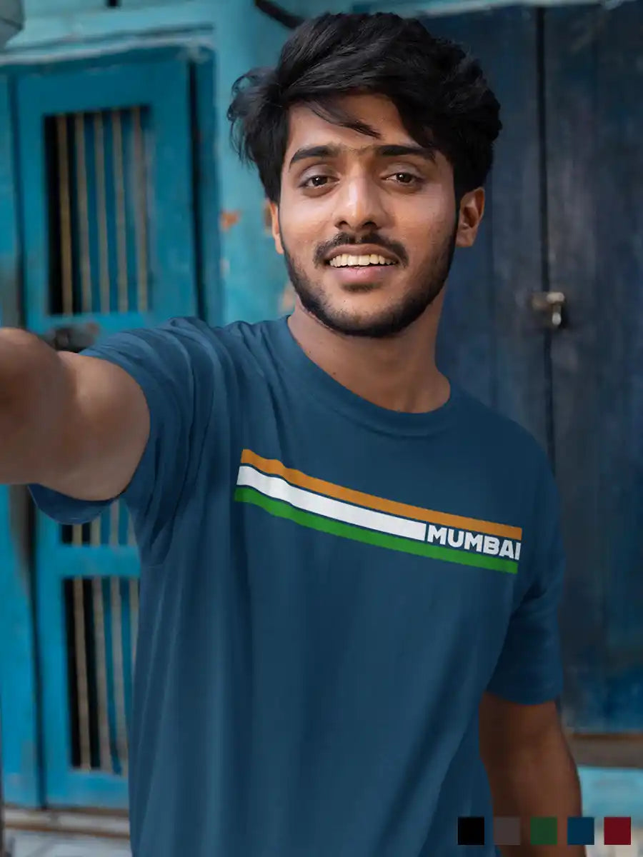 Man wearing Mumbai Indian Stripes - Men's Navy Blue Cotton T-Shirt