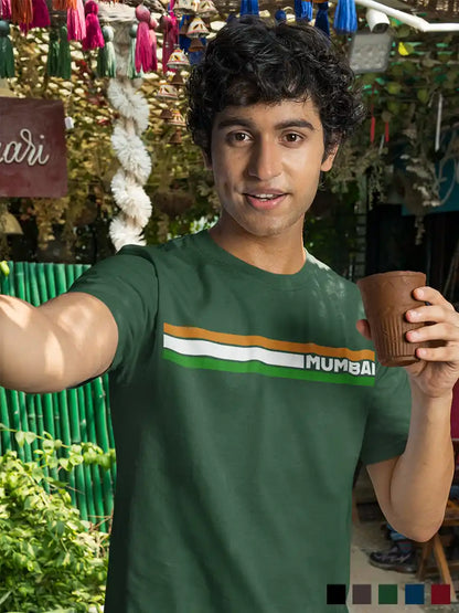 Man wearing Mumbai Indian Stripes - Men's Olive Green Cotton T-Shirt
