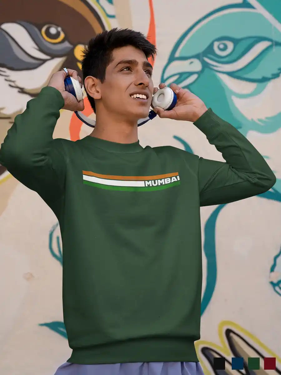 Man wearing Mumbai Indian Stripes - Olive Green Cotton Sweatshirt