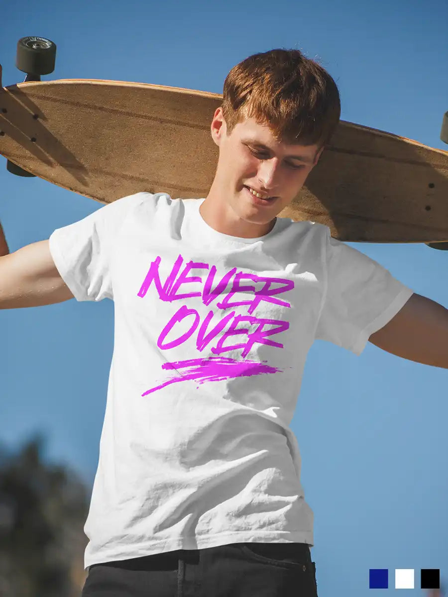 Man wearing Never Over - White Men's  Cotton T-shirt
