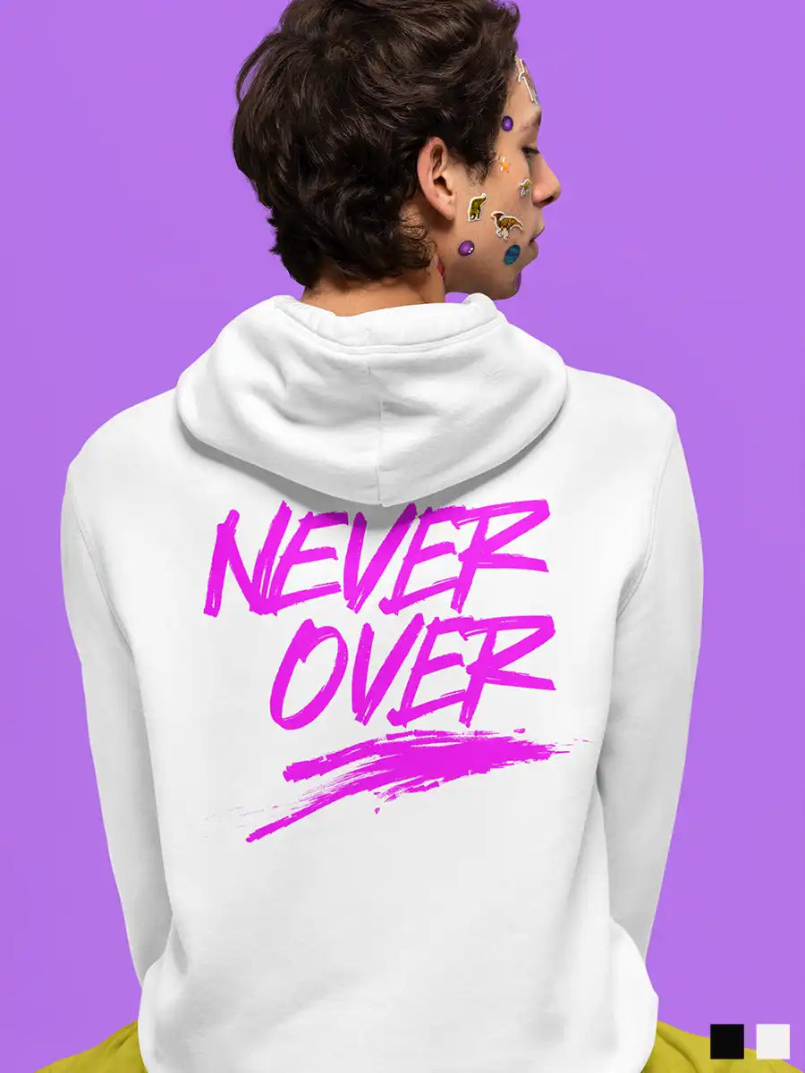 Man wearing Never Over White hoodie