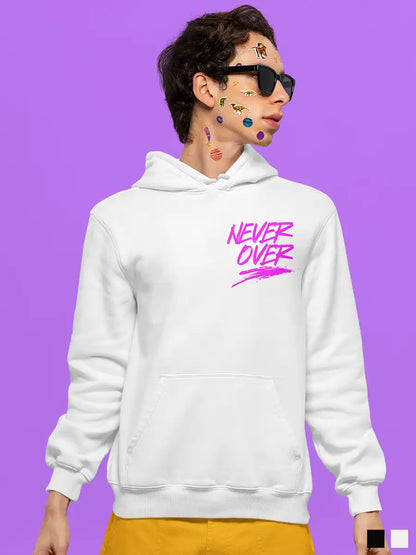 Man wearing Never Over White hoodie