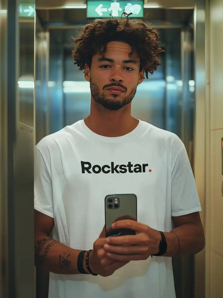 Man wearing Rockstar- Minimalist White Cotton T-Shirt
