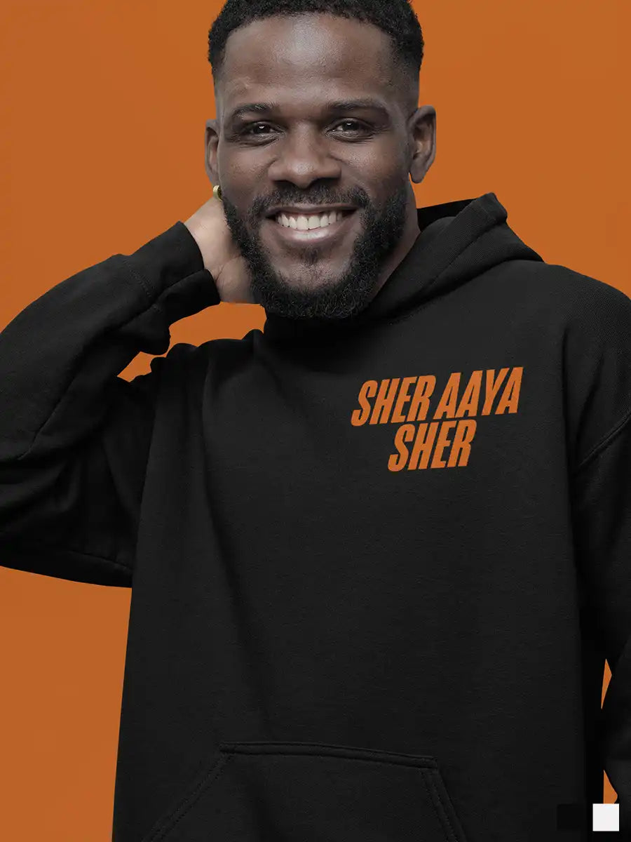 Man wearing Sher Aaya Sher - Black Cotton hoodie