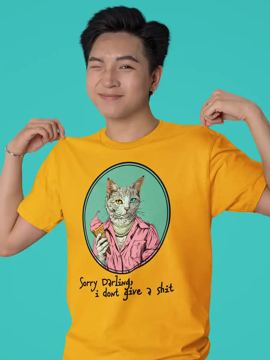 Man wearing Sorry Darling - Golden Yellow - Men's Cotton T-Shirt