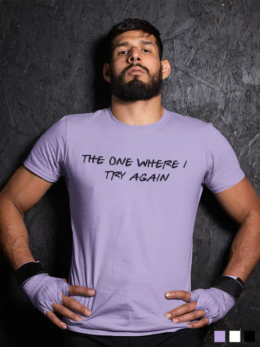 Man wearing The one where i try again - Men's Iris Lavender Cotton T-Shirt