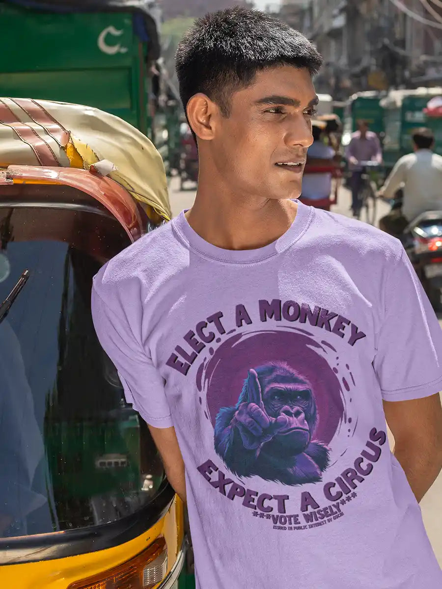 Man wearing VOTE WISELY - Iris Lavender Cotton Men's T-Shirt