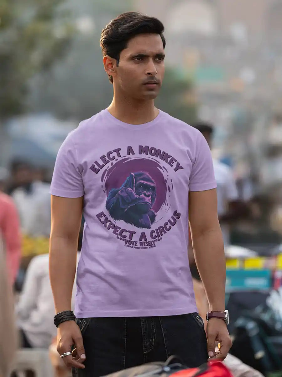 Man wearing VOTE WISELY - Iris Lavender Cotton Men's T-Shirt