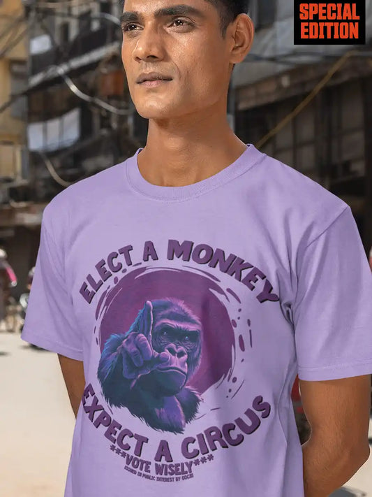 Man wearing VOTE WISELY - Iris Lavender Cotton Men's T-Shirt 