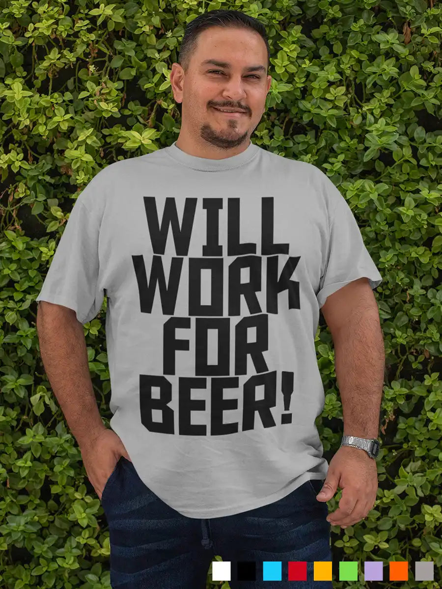 Man wearing Will work for Beer - Men's Mélange Grey cotton T-Shirt