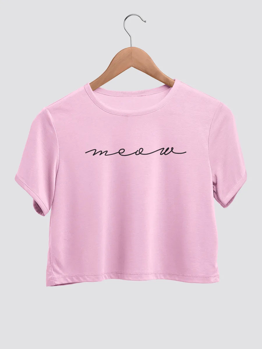 Pink cotton crop top with text "Meow "