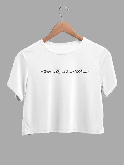 white cotton crop top with text "Meow "
