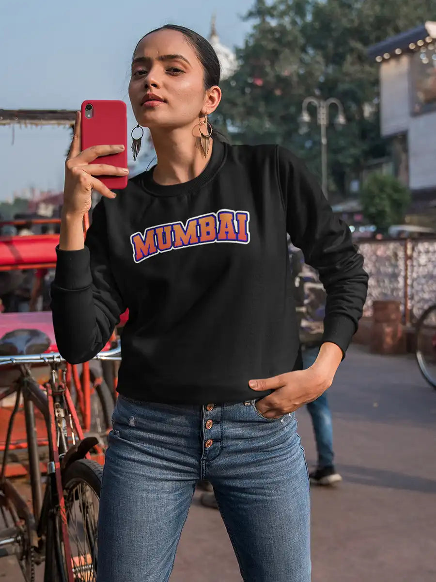 Woman wearing Mumbai Black Cotton Sweatshirt