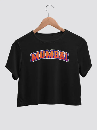 Black cotton crop top with text "Mumbai "