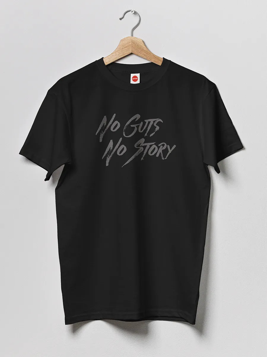  Black Men's cotton Tshirt with text "No guts No Story" in Grey