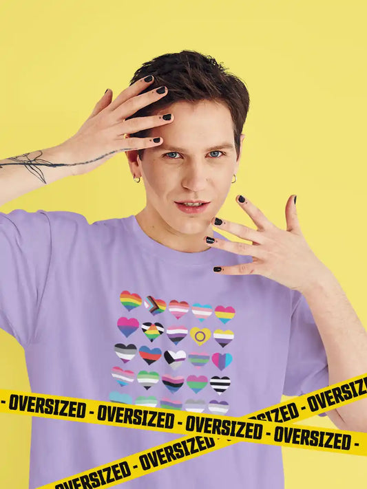 Man wearing Lavender Oversized Cotton Tshirt with 20 Pride flags in the form of hearts