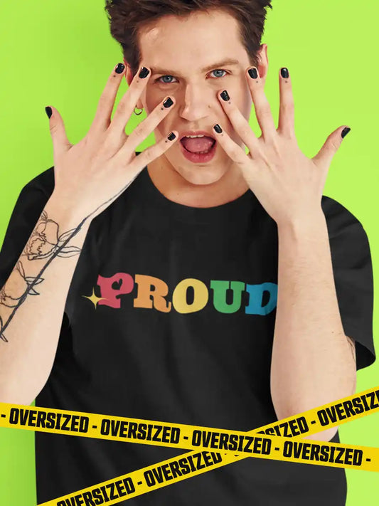 Man wearing Black Oversized Cotton Tshirt with text "Proud" in PRIDE colors