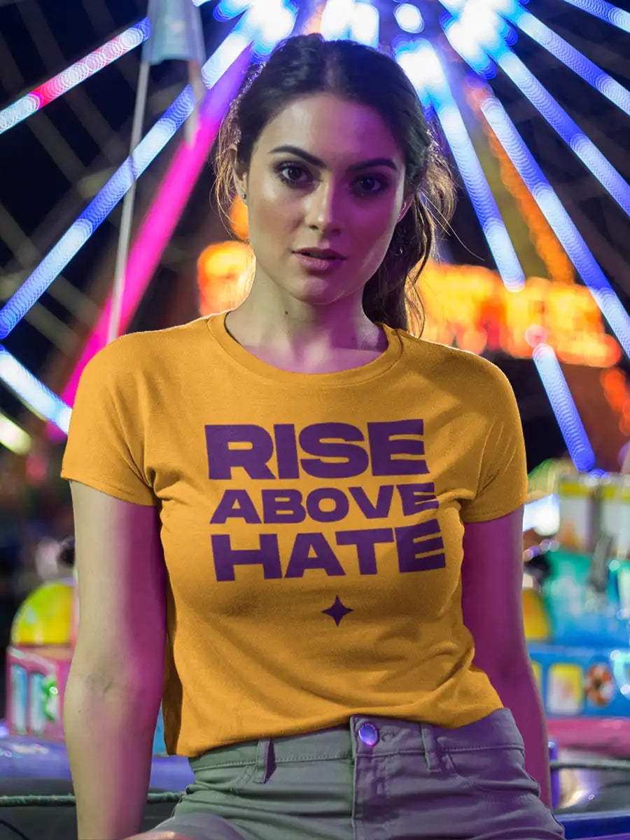 Woman Wearing Rise Above Hate - Golden Yellow Cotton Crop top