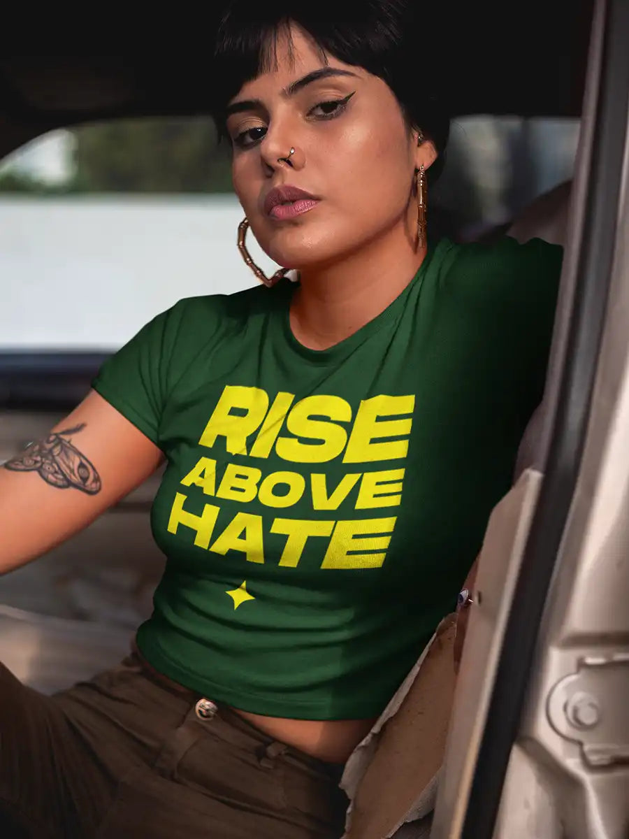 Woman Wearing Rise Above Hate - Olive Green  Cotton Crop top