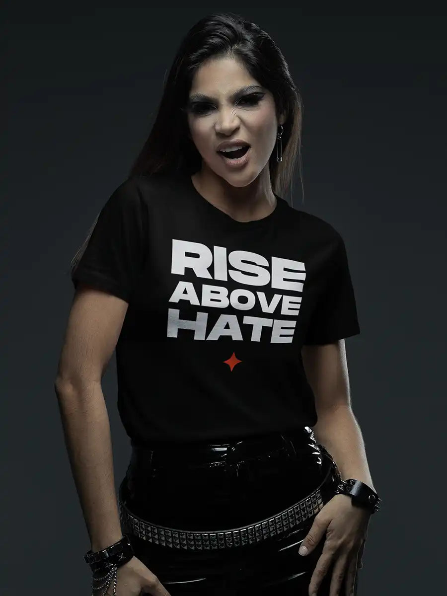 Woman Wearing RISE ABOVE HATE- Women's Black Cotton T-Shirt 