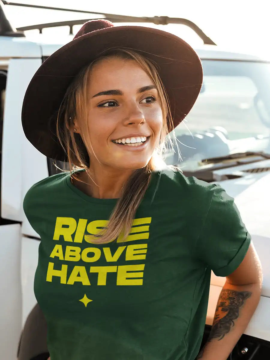 Woman Wearing RISE ABOVE HATE- Women's Olive Green Cotton T-Shirt 