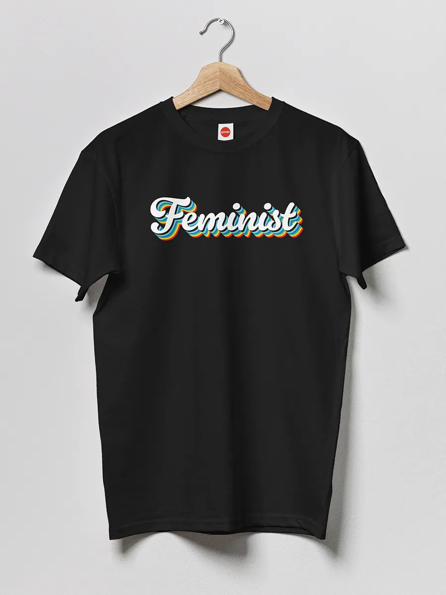 Black Men's cotton Tshirt with text "Feminist" in Retro Style 