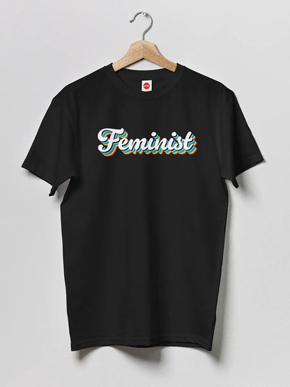 Black Men's cotton Tshirt with text "Feminist" in Retro Style 