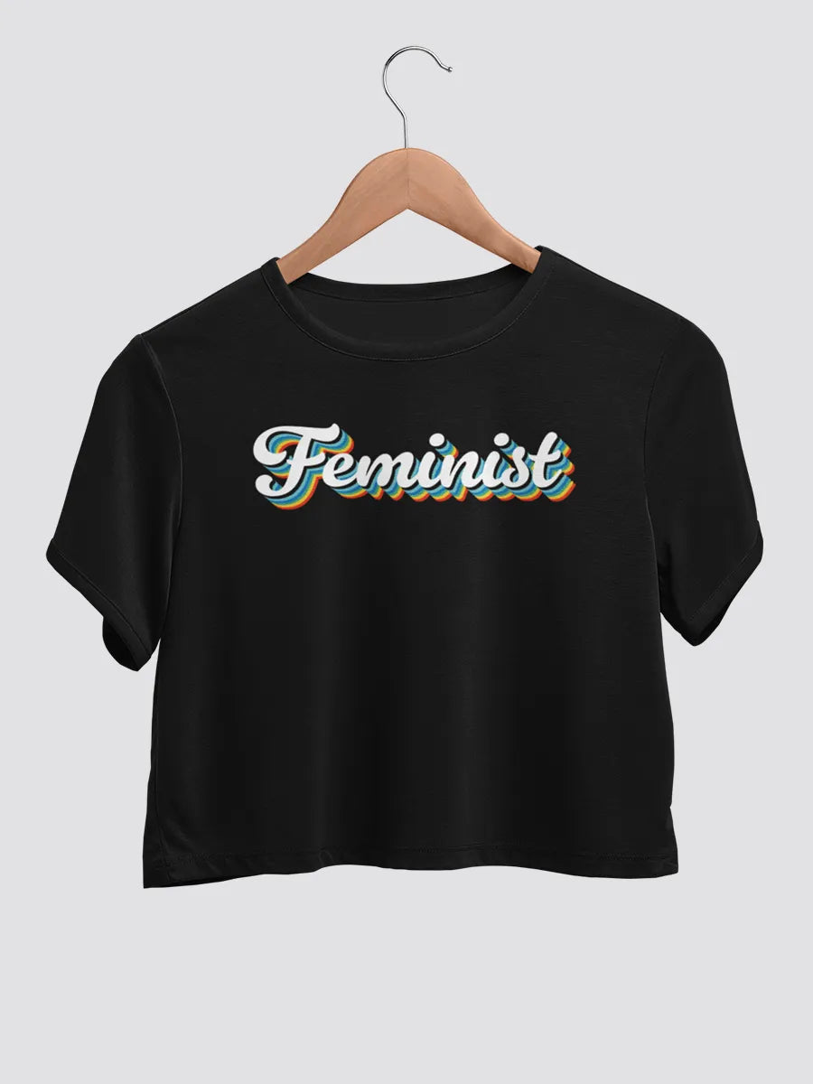  Black cotton crop top with the text "Feminist" in Retro style