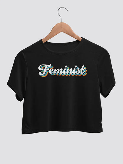  Black cotton crop top with the text "Feminist" in Retro style