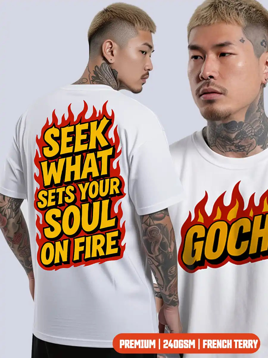 Man wearing Seek what sets your Soul on fire - White Premium Oversized T-shirt 