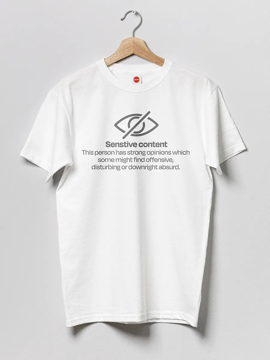 White Men's cotton Tshirt with text "Sensitive Content"