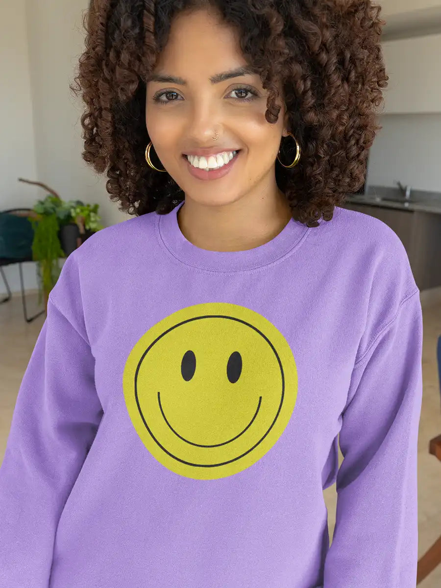 Woman wearing Smiley Iris Lavender Cotton Sweatshirt