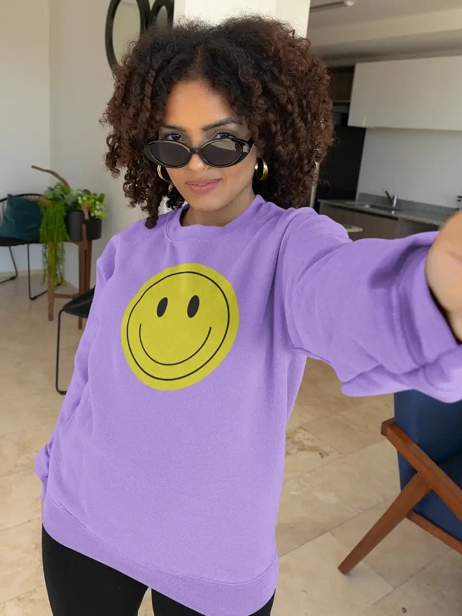 Woman wearing Smiley Iris Lavender Cotton Sweatshirt