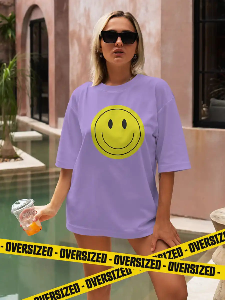 Woman wearing Lavender Oversized Cotton Tshirt with a Yellow Smiley