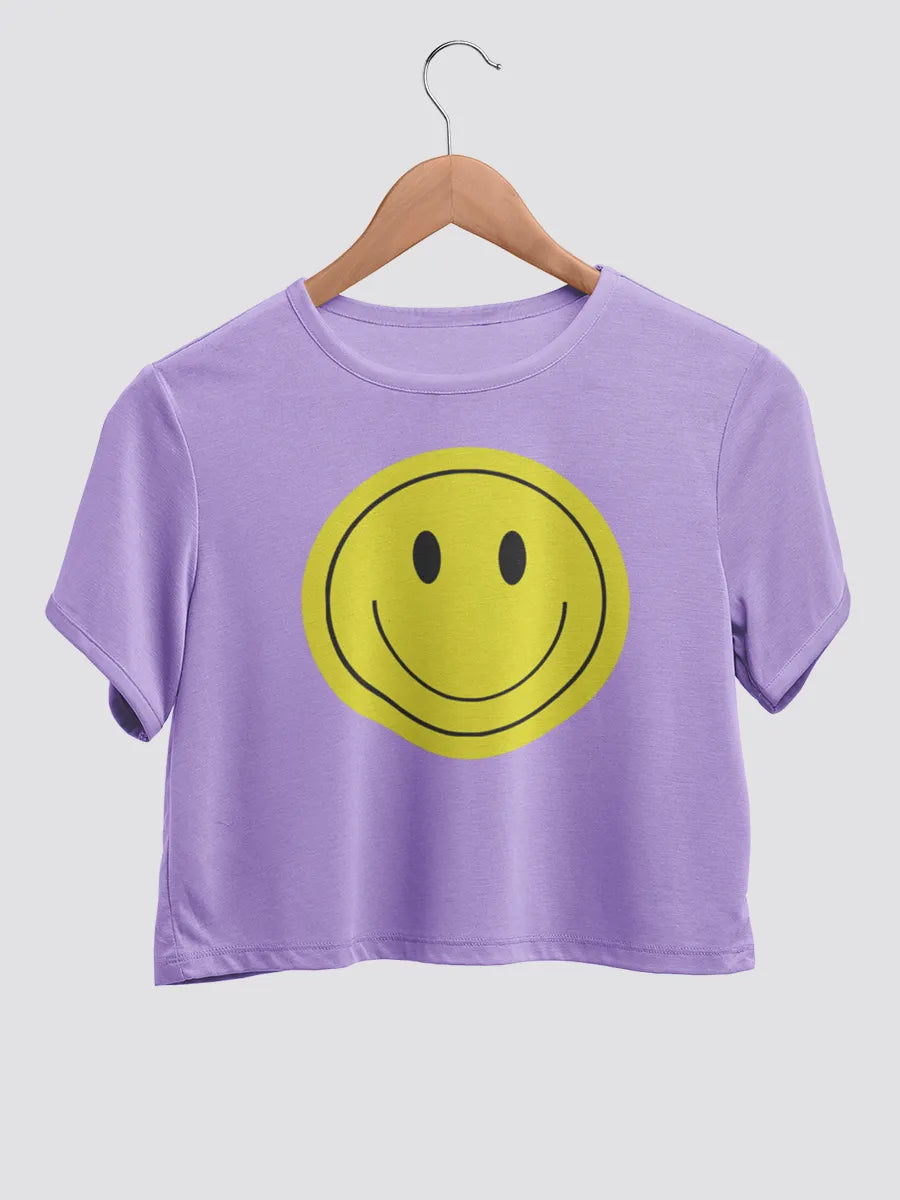 Lavender cotton crop top with a yellow Smiley 
