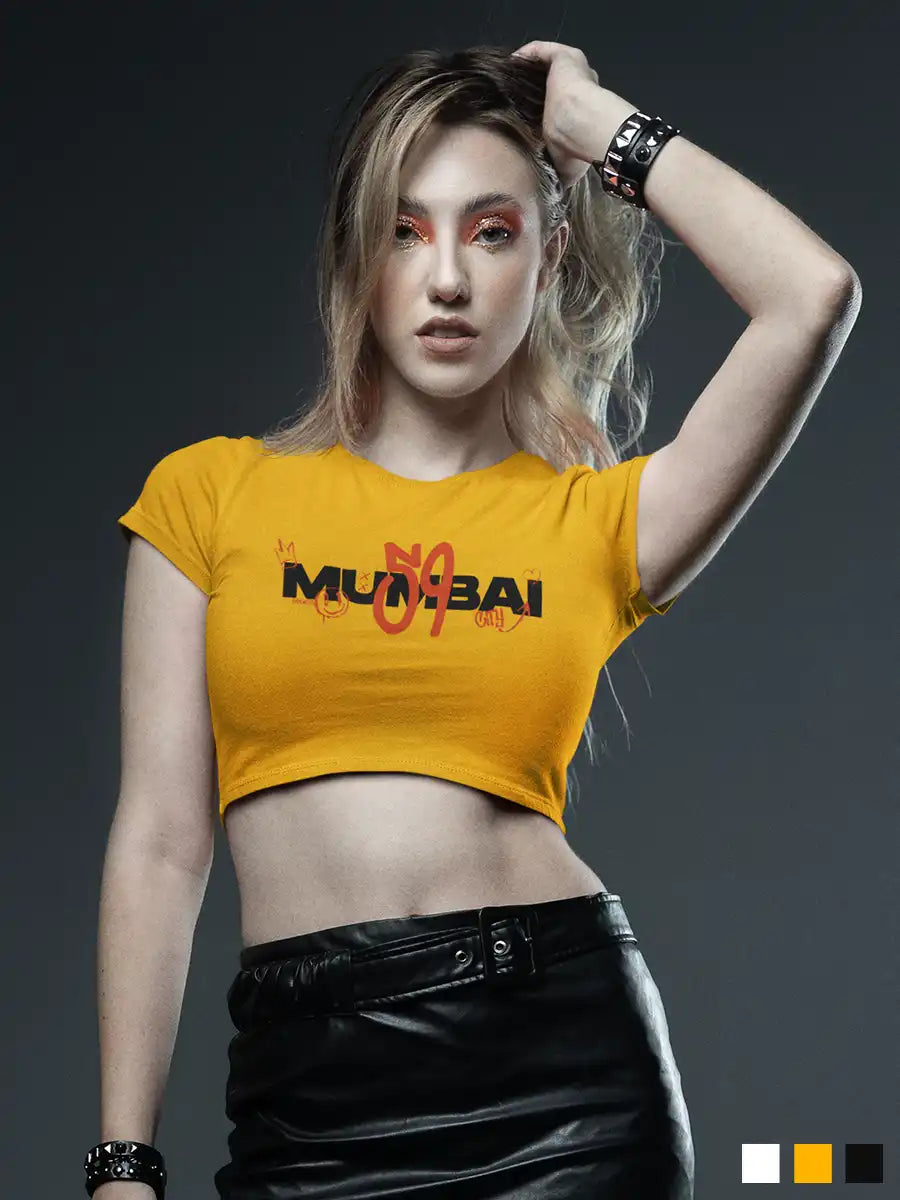 Woman wearing Mumbai 59 - Graffiti - Golden Yellow  Crop Top